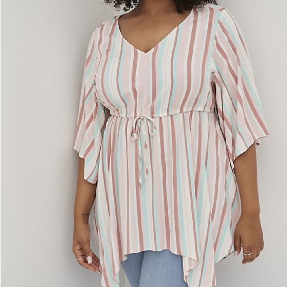 TORRID size 4X pink stripe sharkbite BABYDOLL STRETCH CHALLIS DOLMAN SLEEVE TUNI - Picture 1 of 6